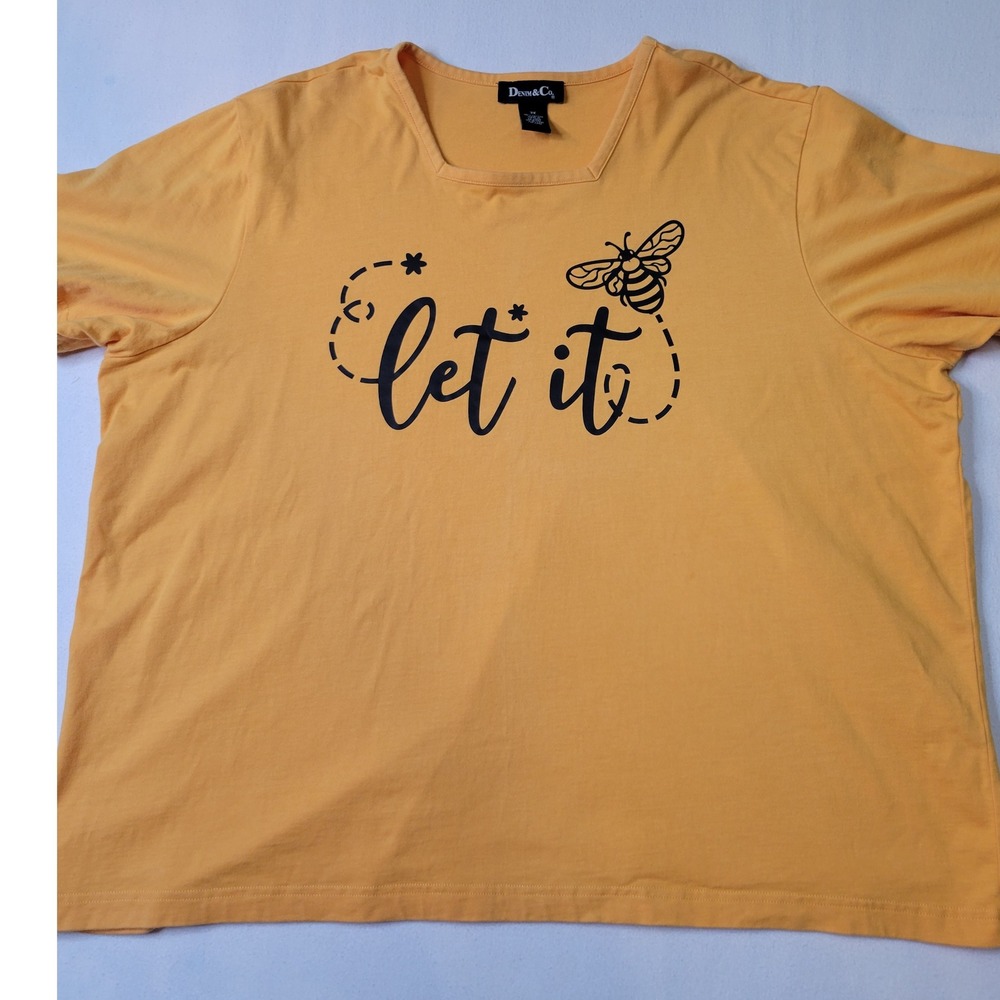 Denim & Co Yellow Bee Graphic Tee Square Neck Short Sleeve Cotton Top 3X 2400